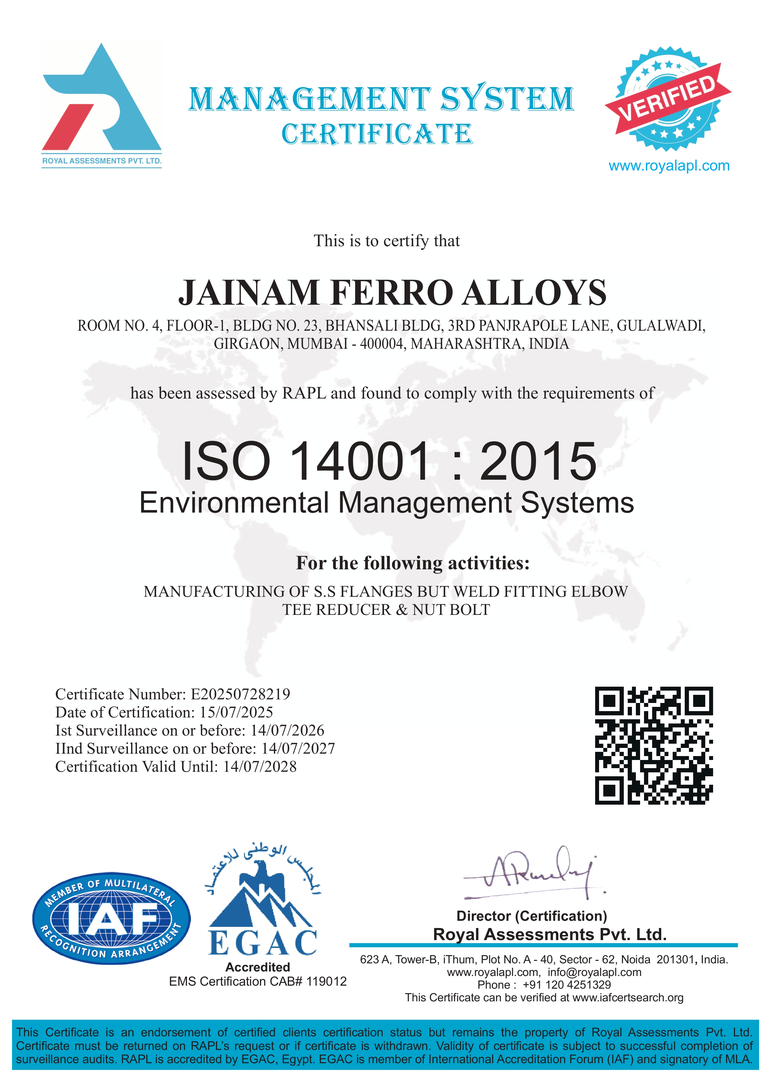 ISO 14001:2015 Certificate